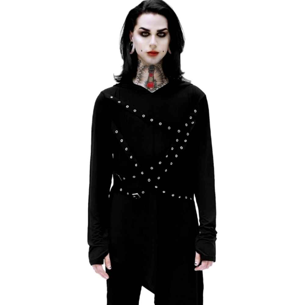 NWT Killstar Corrosion Hooded Top Goth Punk Straps Asymmetrical Long Sleeve S